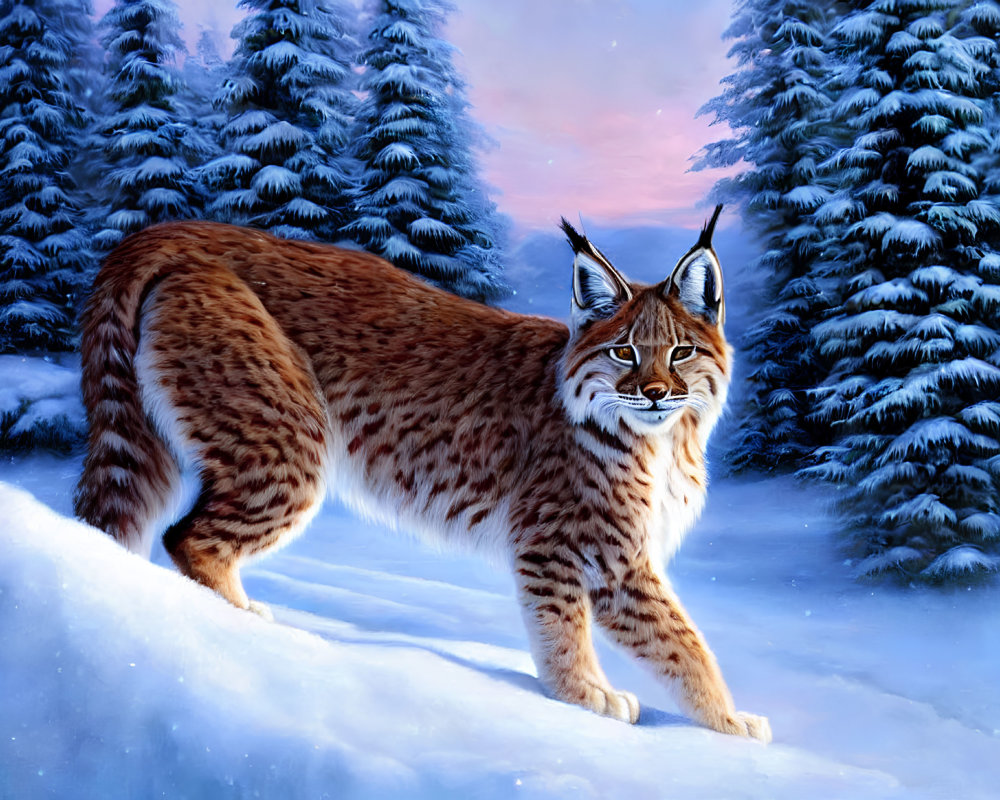 Lynx in Snowy Forest at Dusk with Ear Tufts and Piercing Eyes