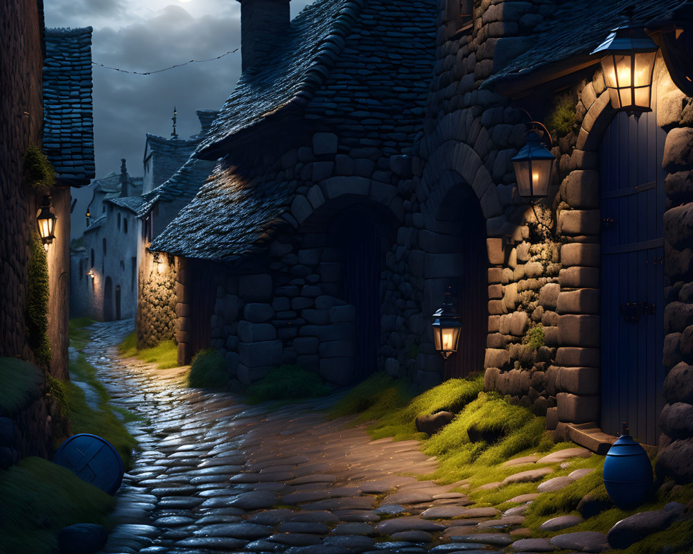 Medieval cobblestone alley with blue doors at night