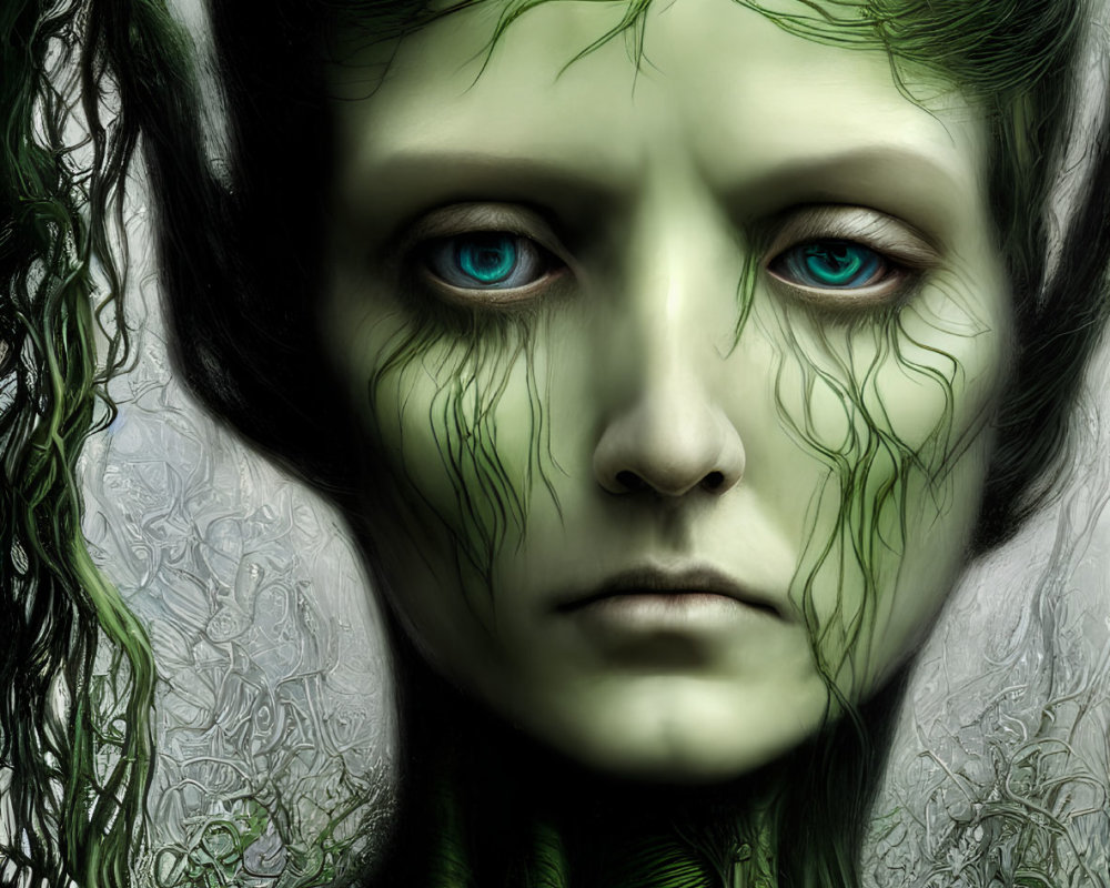 Digital artwork of pale figure with blue eyes, green skin, vine-like details