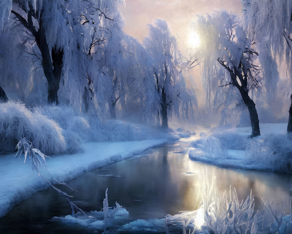 Tranquil winter landscape with frost-covered trees and reflective river