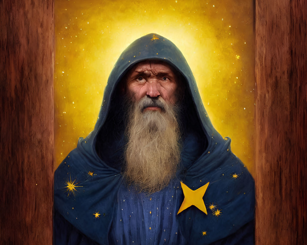 Elderly Bearded Man in Starry-Hooded Cloak on Golden Background