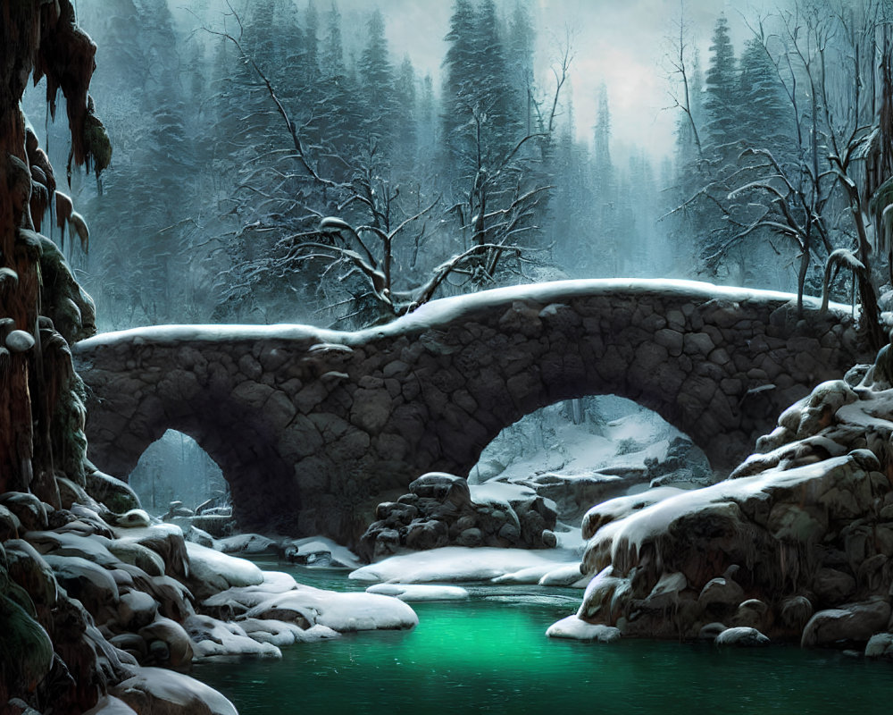Snowy Forest Scene: Old Stone Bridge Over Tranquil River