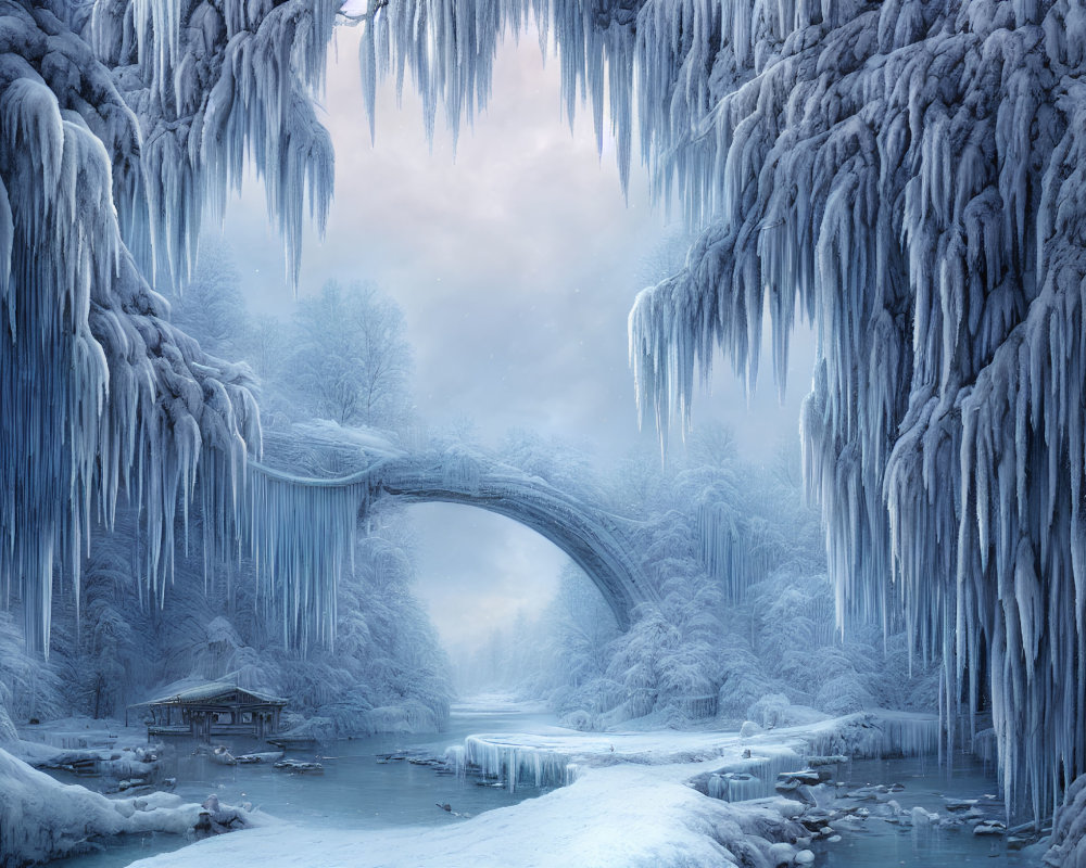 Frozen river with stone bridge in serene wintry landscape