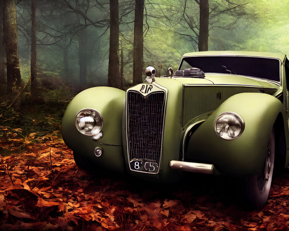 Vintage Green Car Parked in Forest with Dense Fog and Autumn Leaves