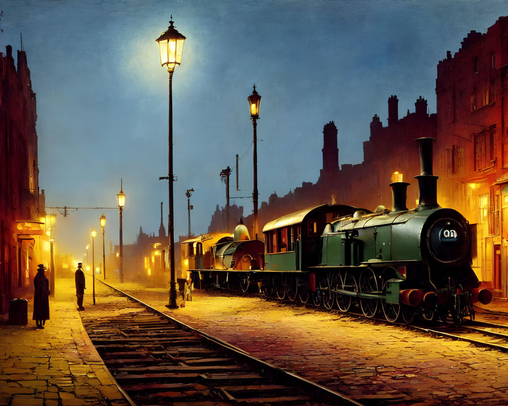 Vintage steam locomotive at dimly lit train station with moonlit sky, people on platform, Victorian