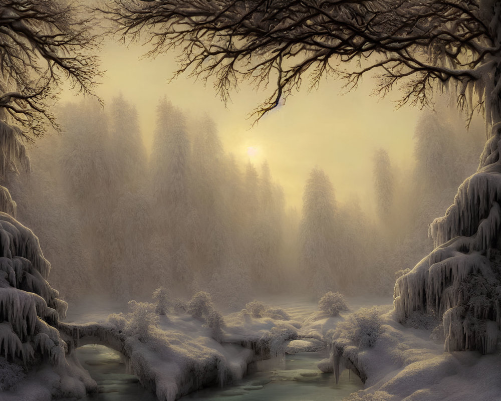 Snow-covered trees in serene winter landscape with misty glow and gentle stream