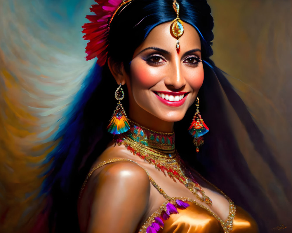 Digital artwork featuring smiling woman in traditional Indian jewelry