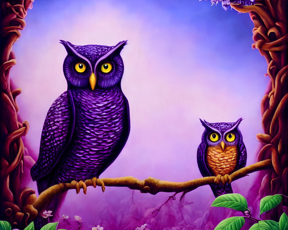 Illustrated owls on branch with purple flora in whimsical forest