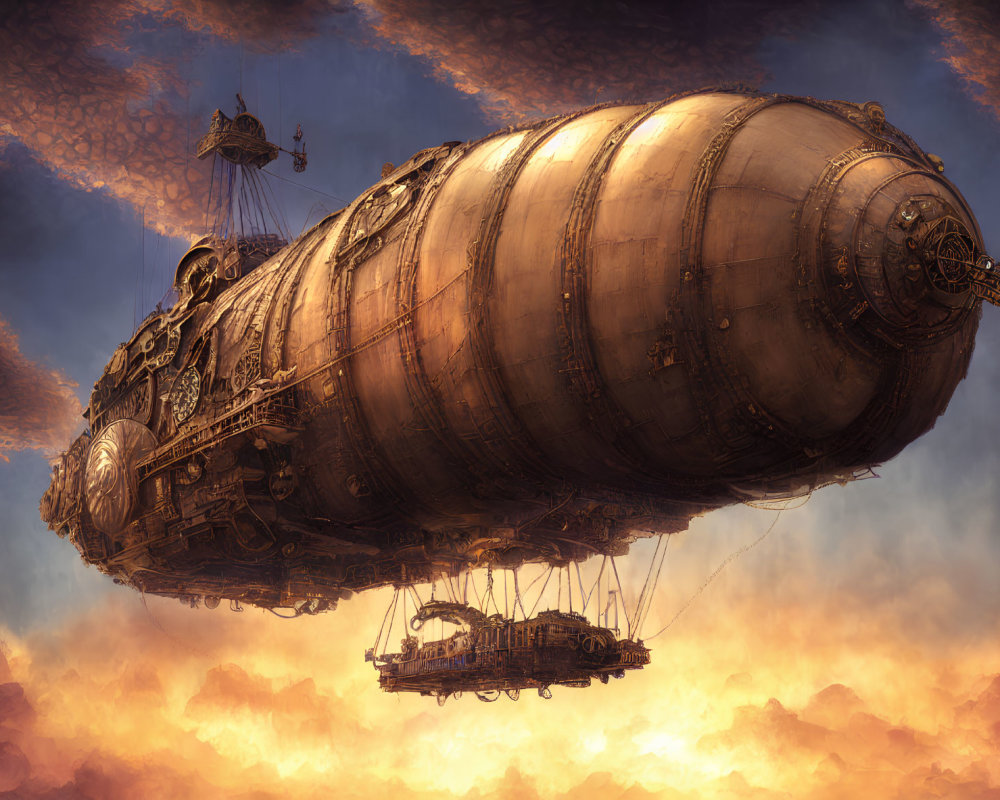 Steampunk-style airship with intricate metalwork in golden cloud-filled sky