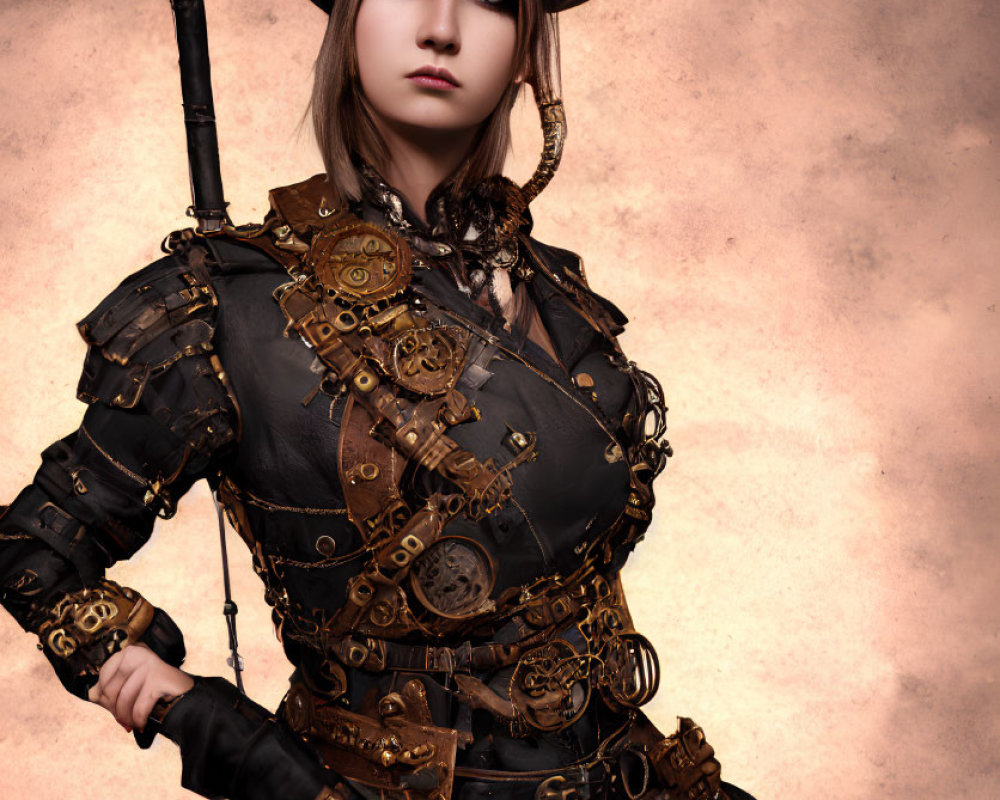 Elaborate steampunk attire with leather jacket and gear-adorned hat