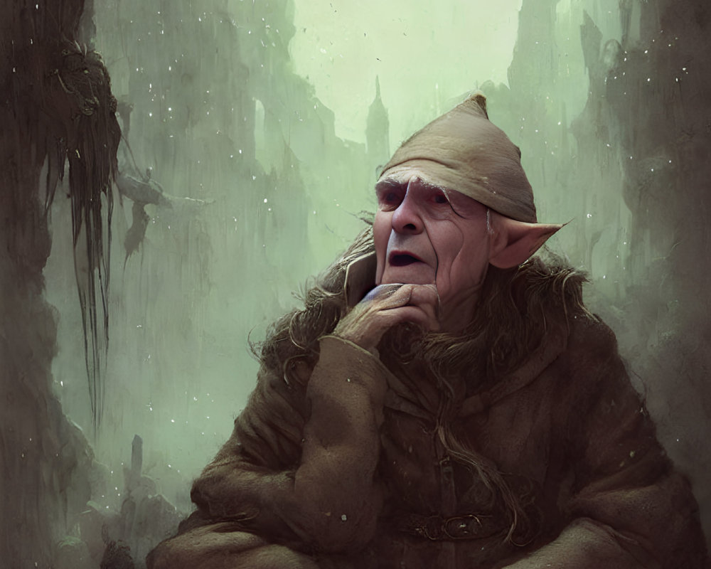 Fantasy creature with pointed ears in hooded cloak, surrounded by misty forest.