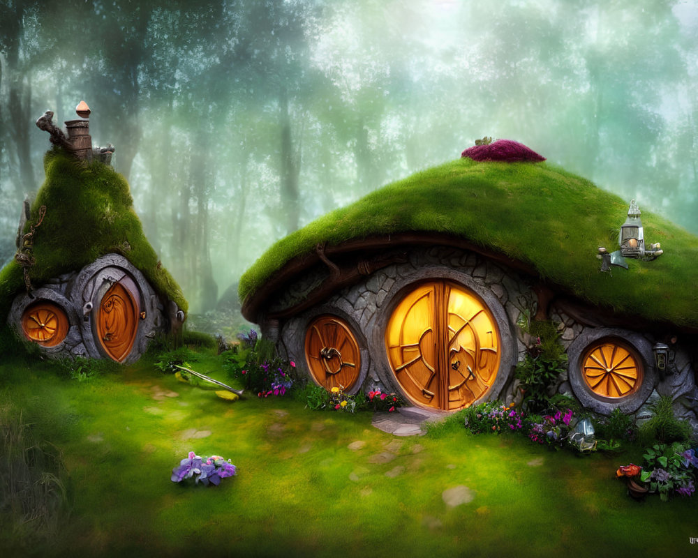 Enchanting forest scene with mushroom-shaped houses
