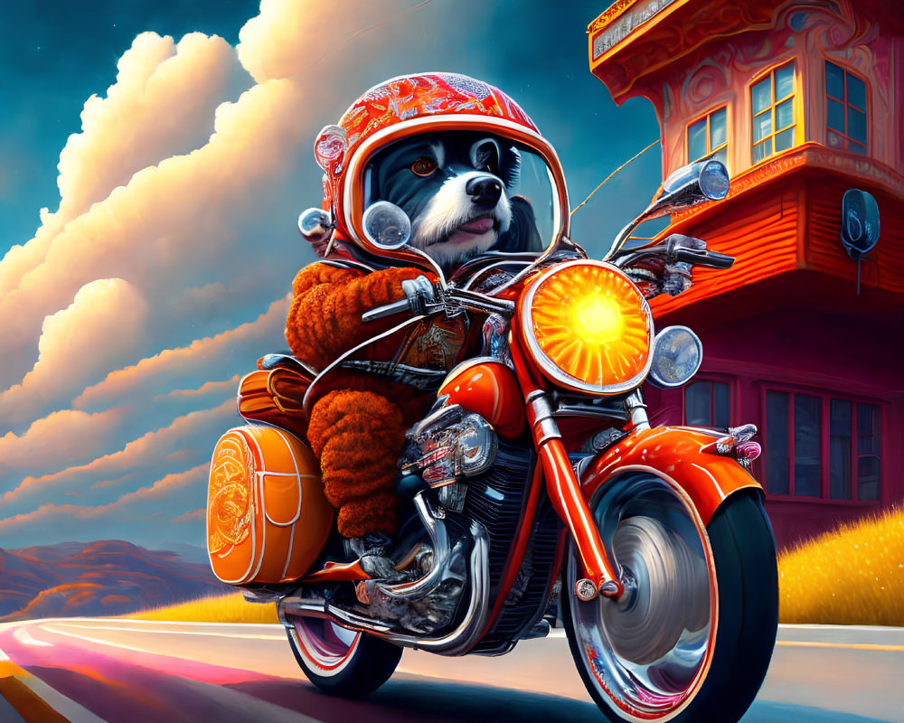 Animated raccoon on motorbike rides by neon-lit building under dramatic sky