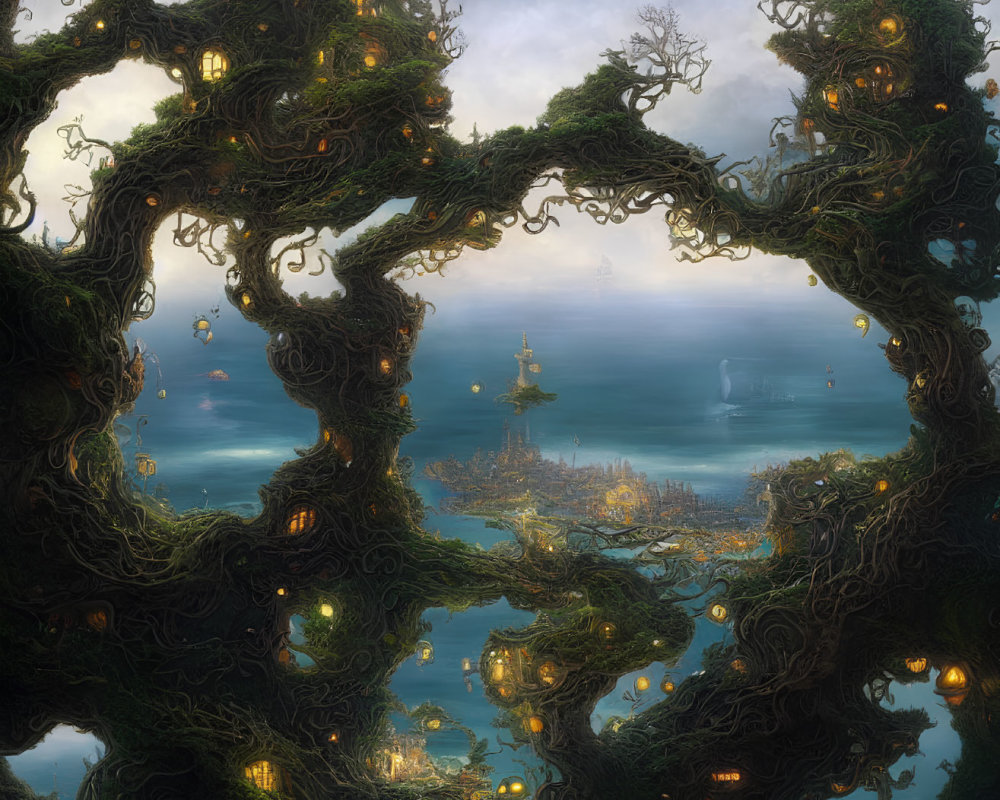 Ethereal fantasy landscape with illuminated treehouses overlooking mystical seaside city
