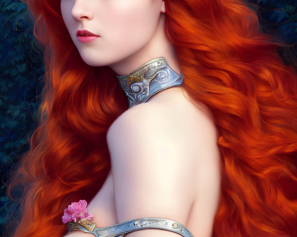 Digital artwork: Woman with red hair, floral crown, medieval armor, lush foliage