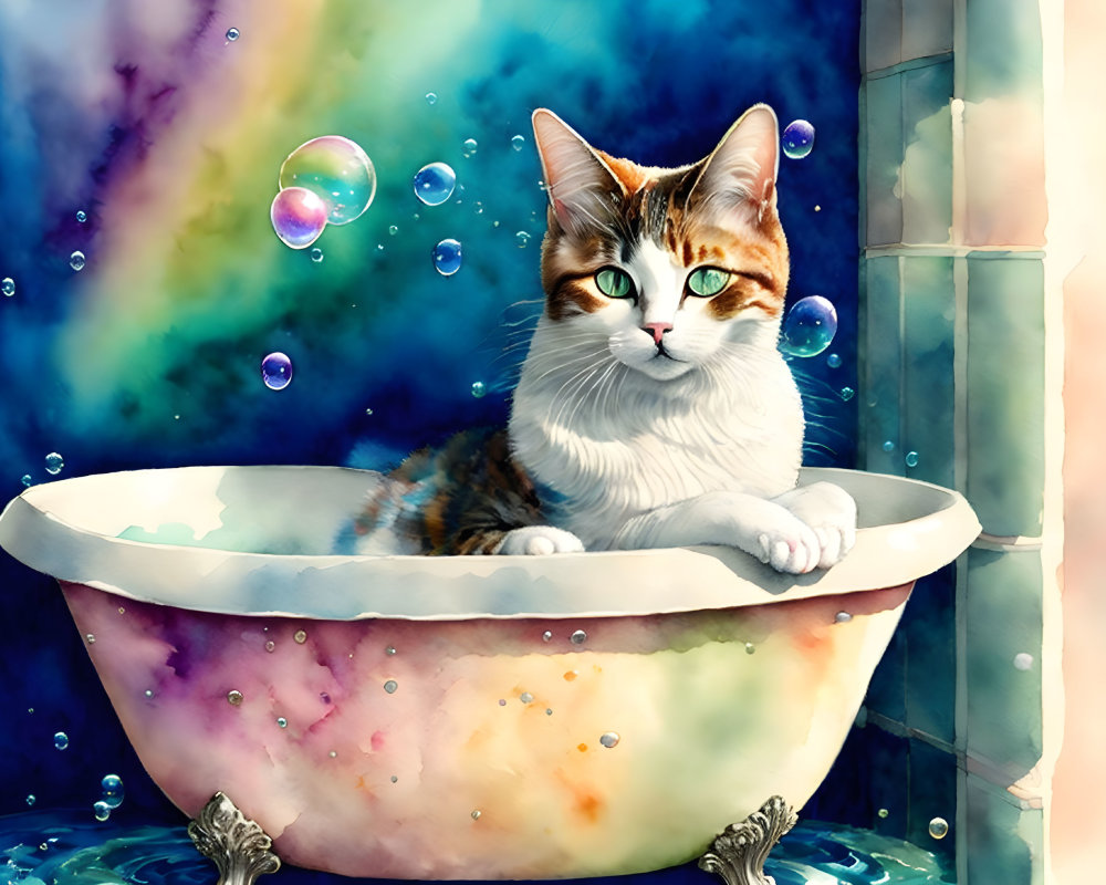 Vibrant Calico Cat in Bathtub with Soap Bubbles on Nebula Background