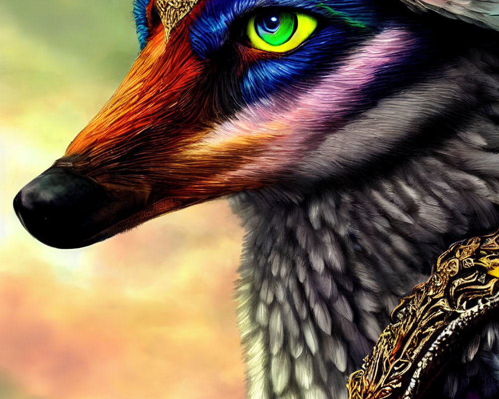 Detailed Portrait of Regal Anthropomorphic Fox with Vibrant Eyes and Golden Jewelry