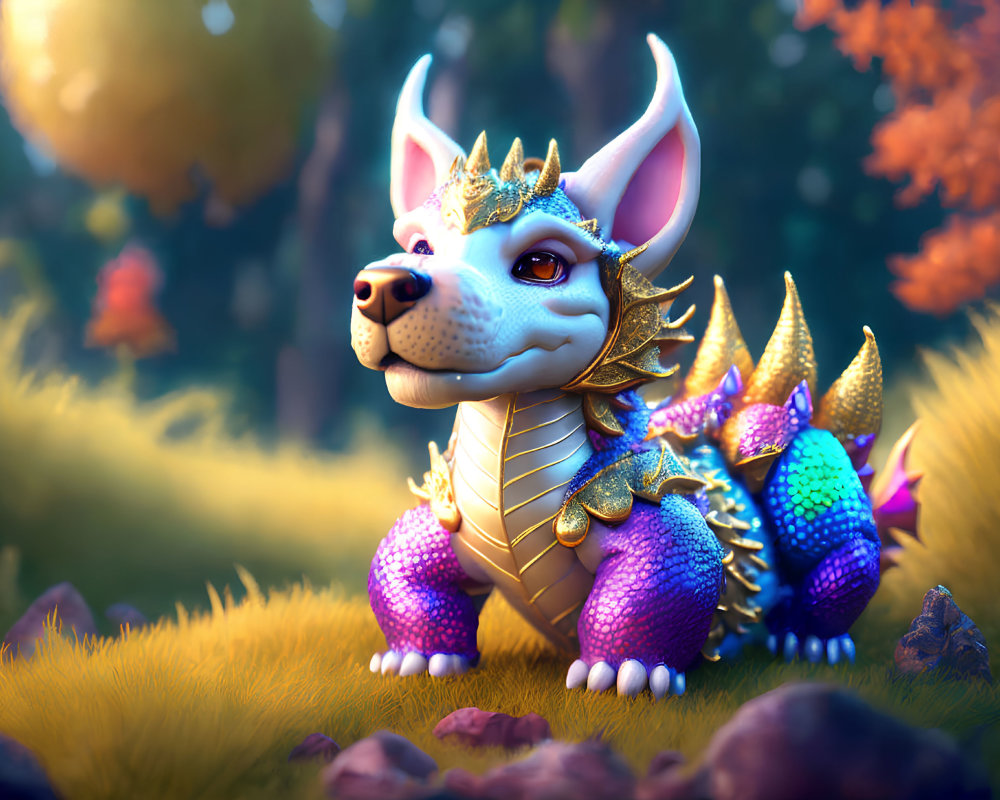 Vibrant digital illustration: Fanciful dragon-like creature in enchanted forest
