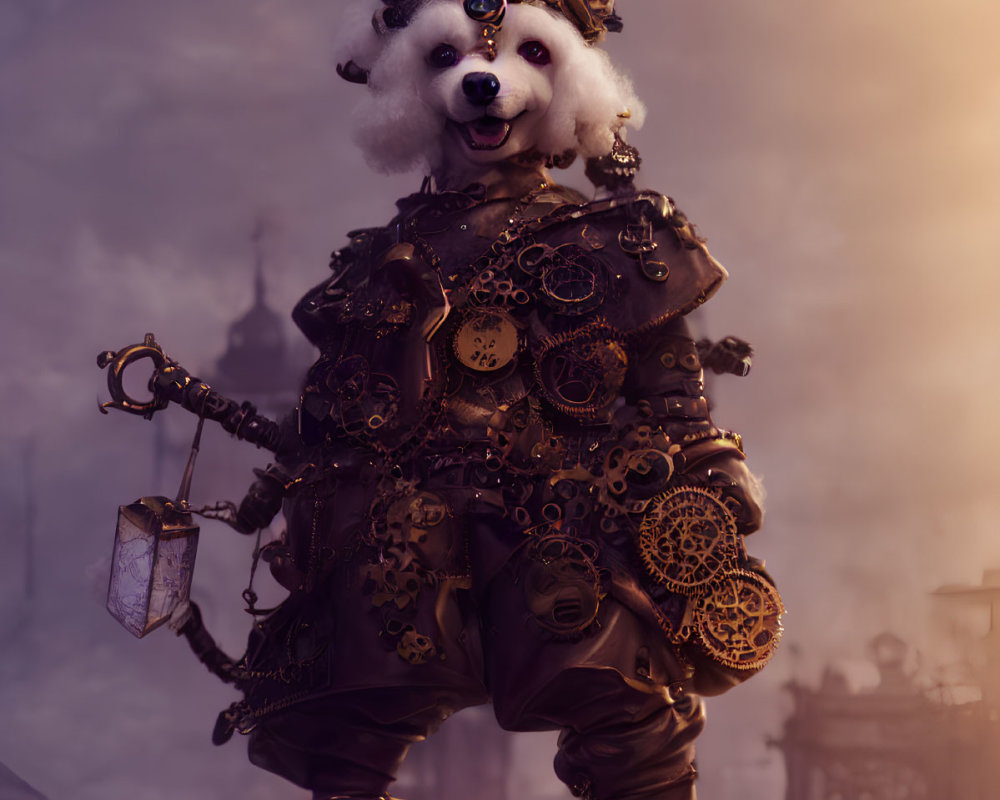 Steampunk-themed character with dog head in industrial setting