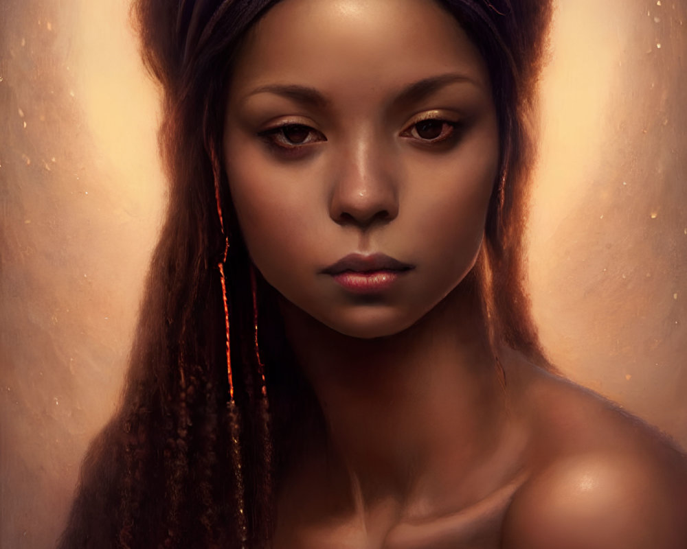 Digital portrait of young woman with headband and subtle jewelry on warm background