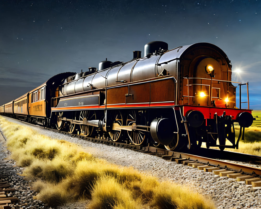 Vintage Steam Locomotive with Illuminated Headlamp on Nighttime Tracks