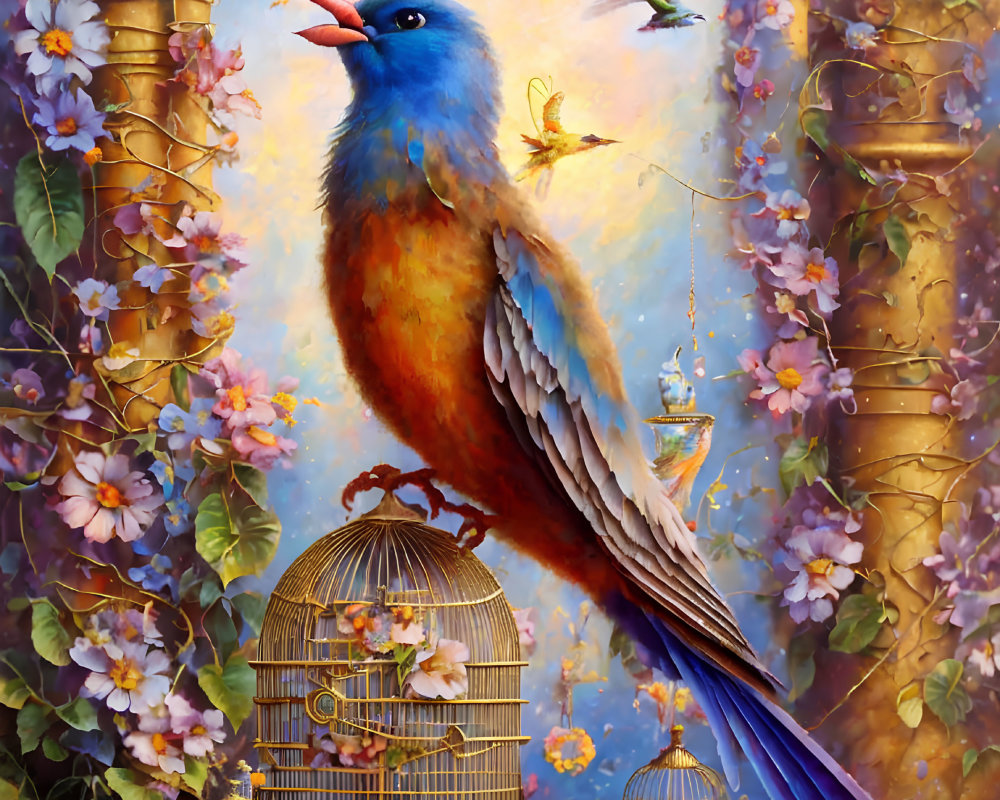 Colorful painting featuring large bird, open cage, butterflies, flowers, and soft light.