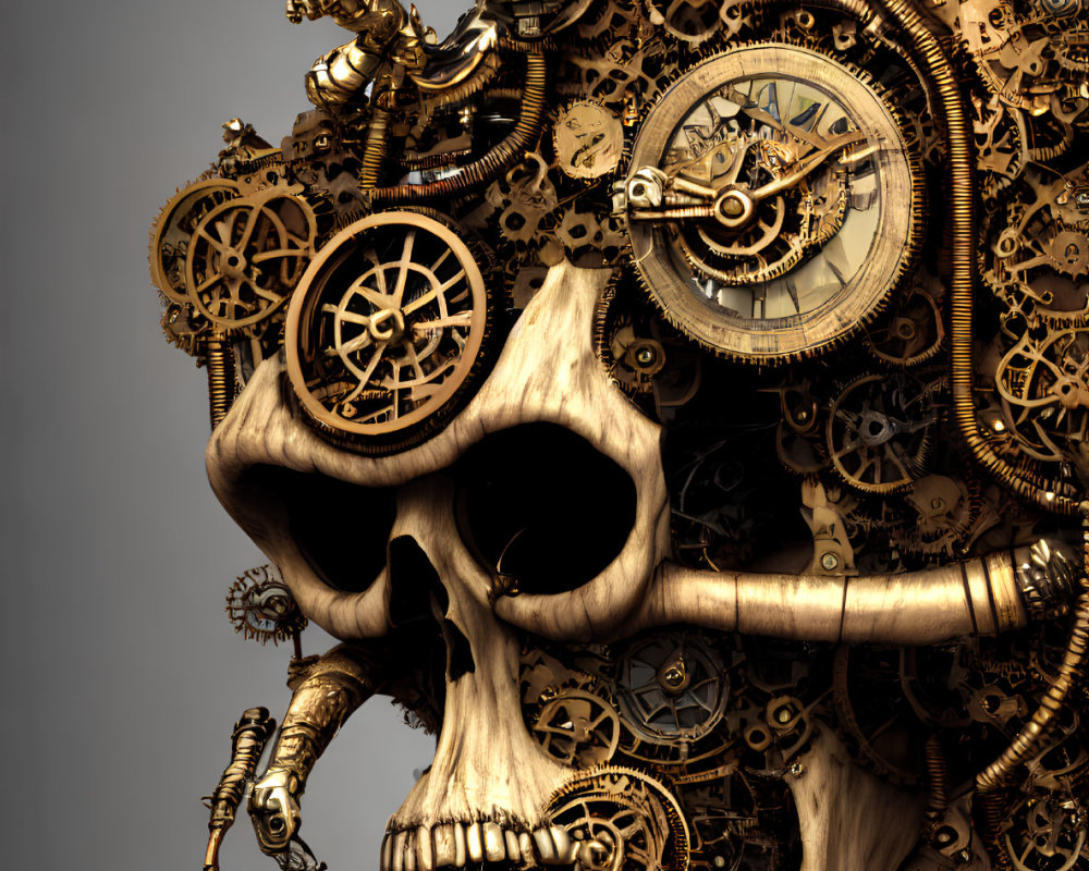 Steampunk-style 3D skull with mechanical gears and cogs on neutral backdrop