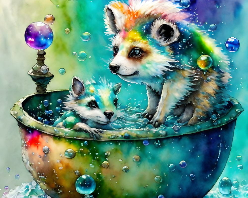 Colorful Whimsical Raccoons in Tub with Iridescent Bubbles