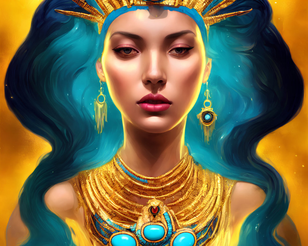 Digital artwork: Woman with blue hair in Egyptian-inspired attire on golden background