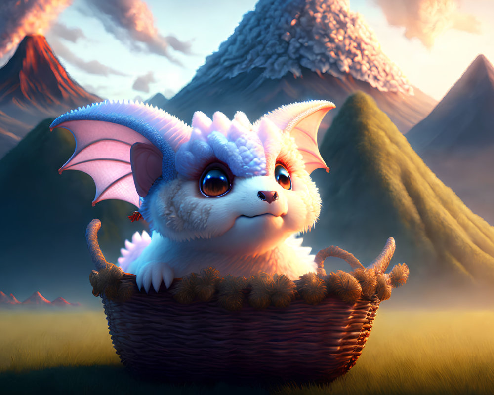Fantastical furry dragon in basket against mountain backdrop
