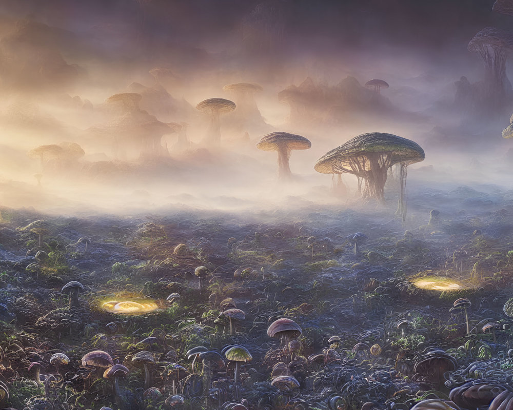 Enchanted forest with glowing mushrooms in thick fog