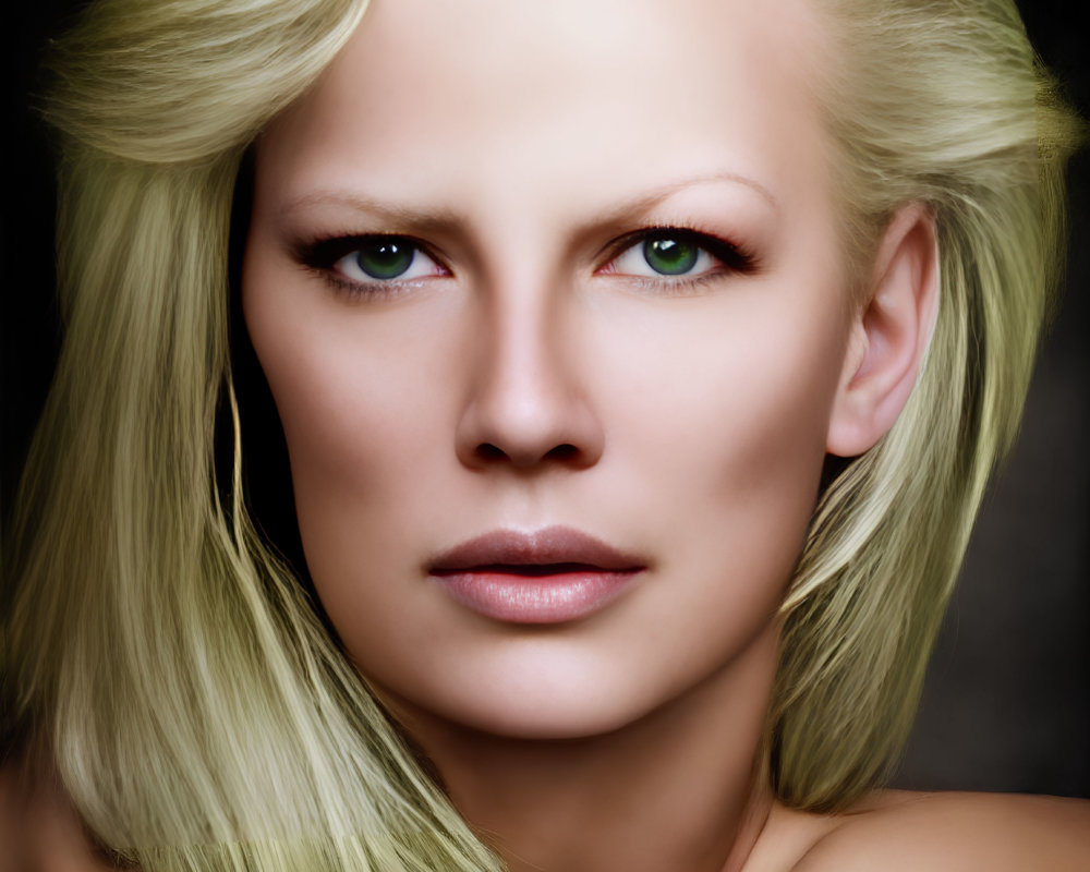 Blonde-haired person with green eyes in neutral expression on black background