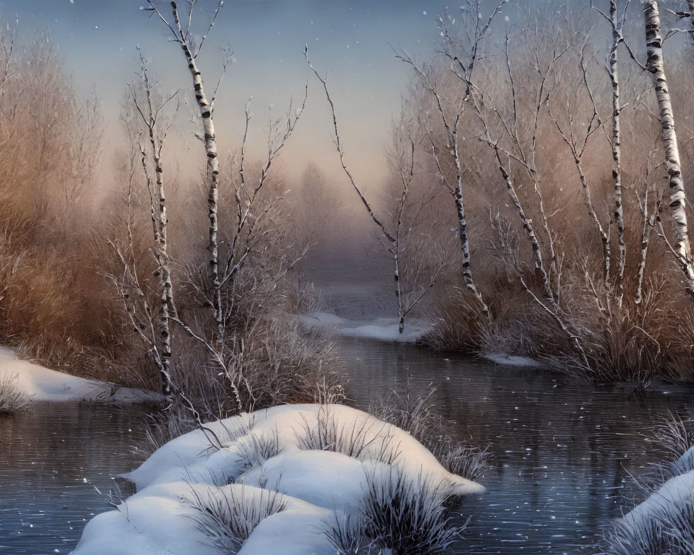 Snow-covered banks and birch trees in tranquil winter scene by calm stream