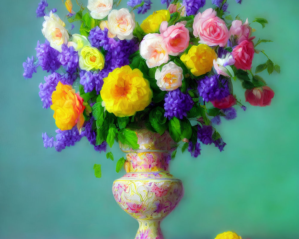 Colorful Flower Bouquet in Ornate Vase on Green Background