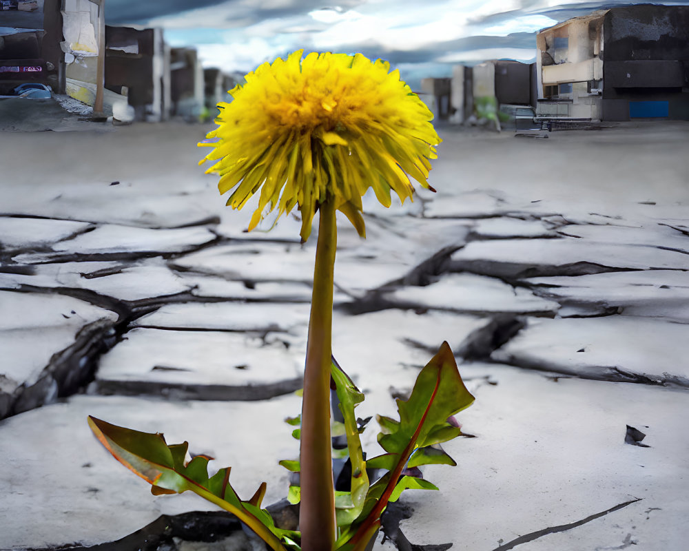 Colorful dandelion in cracked urban surface under dramatic sky