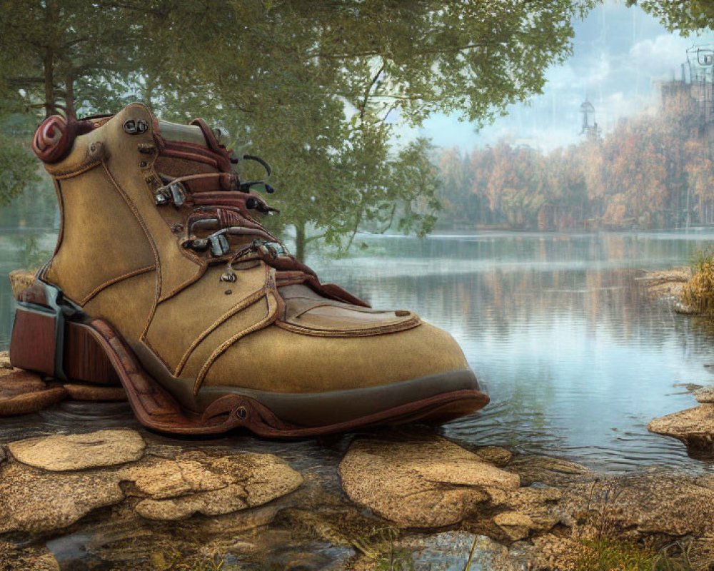 Weathered boot on stone pads by calm lake near misty industrial structures