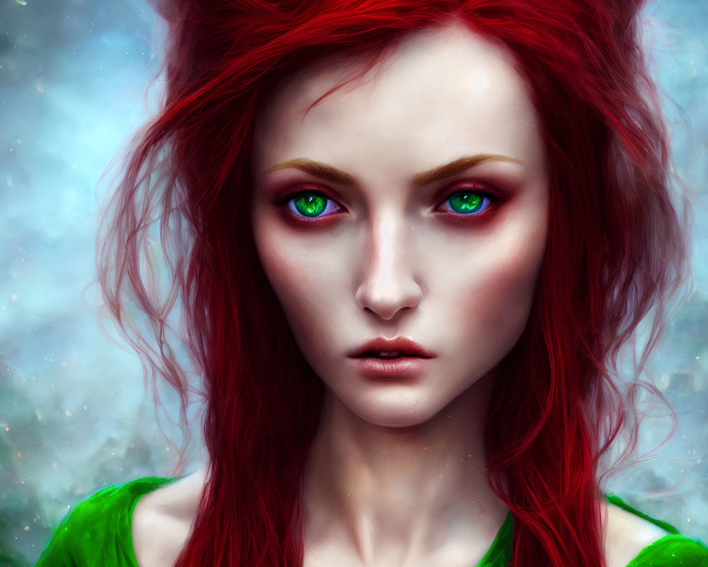 Vibrant red-haired woman in green garment on dreamy blue background