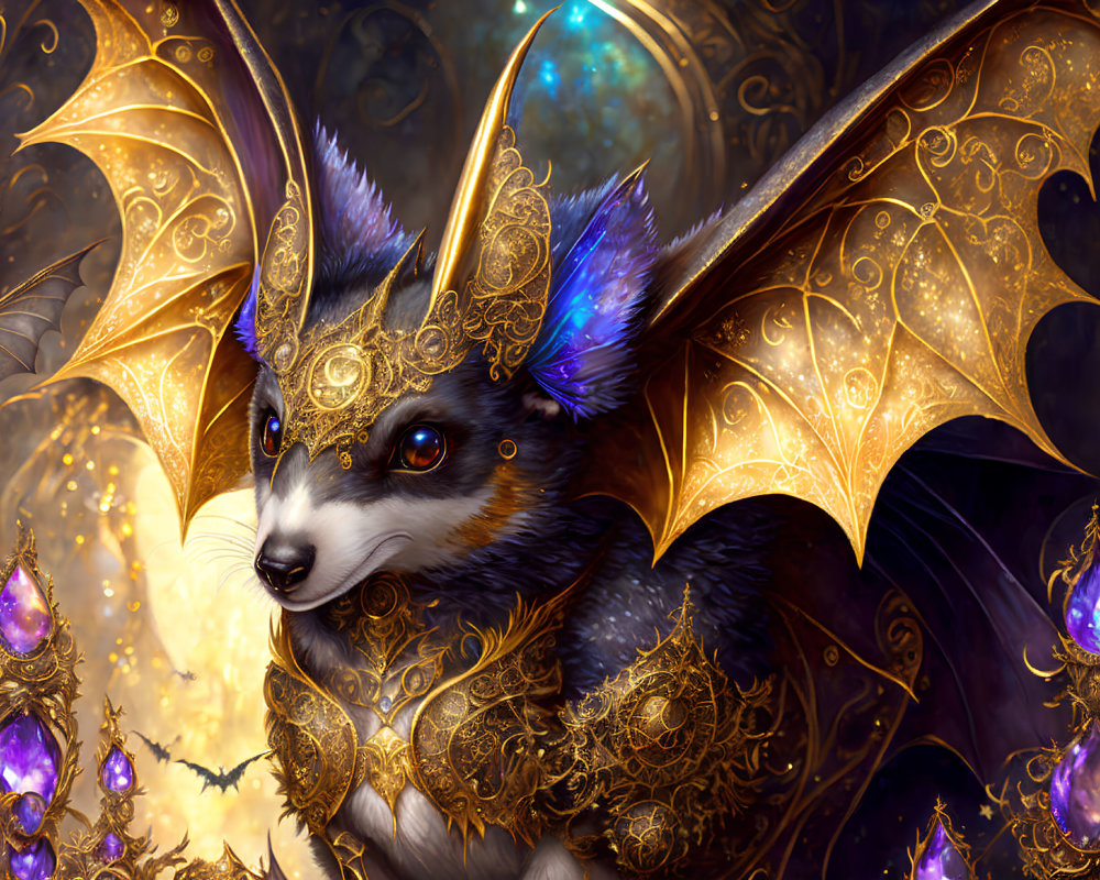 Intricate golden armored bat-like creature with fox face on mystical background