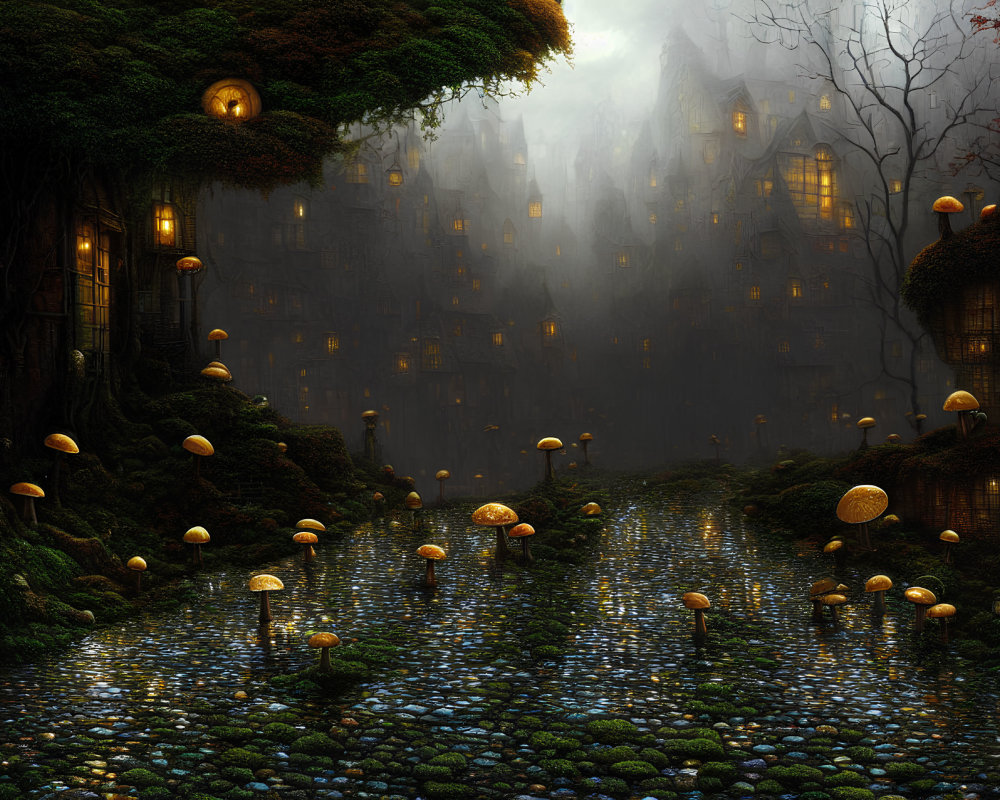 Enchanting forest scene with bioluminescent mushrooms, tree houses, and gothic buildings