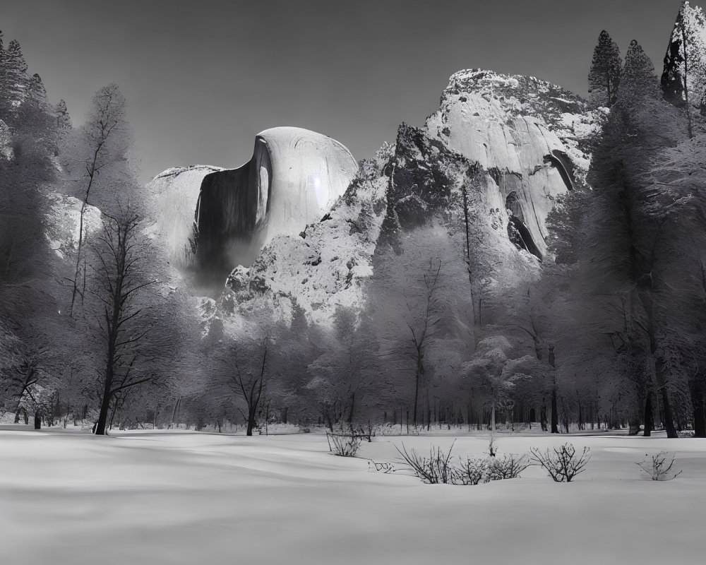 Monochromatic winter landscape with snowy foreground and mountain cliffs