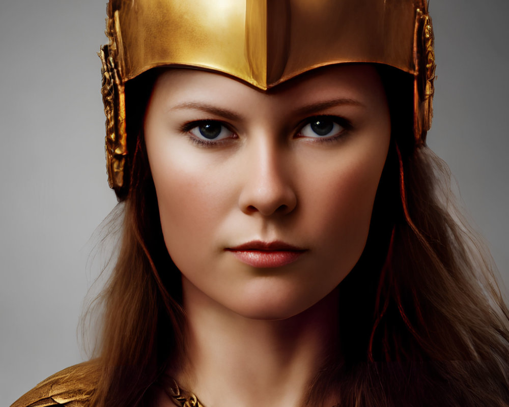 Woman in Golden Winged Helmet and Necklace on Grey Background