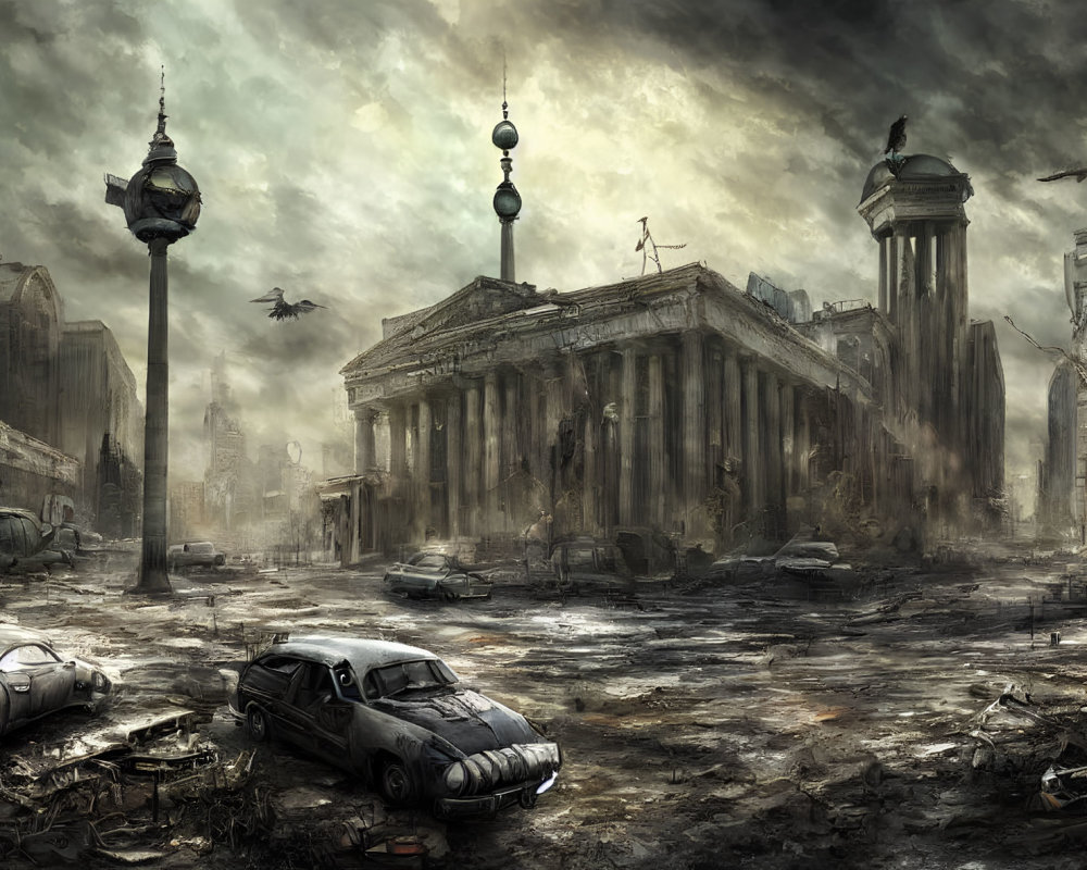 Desolate post-apocalyptic cityscape with abandoned buildings and cars