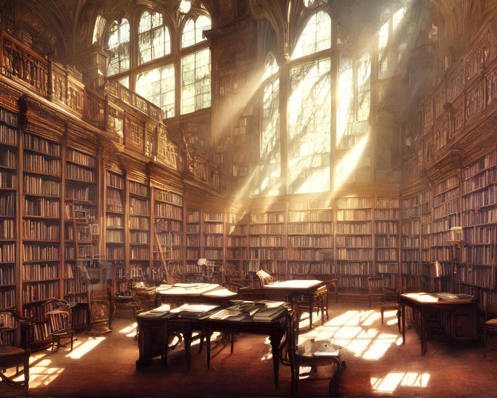 Opulent library with tall bookshelves and sunlight beams