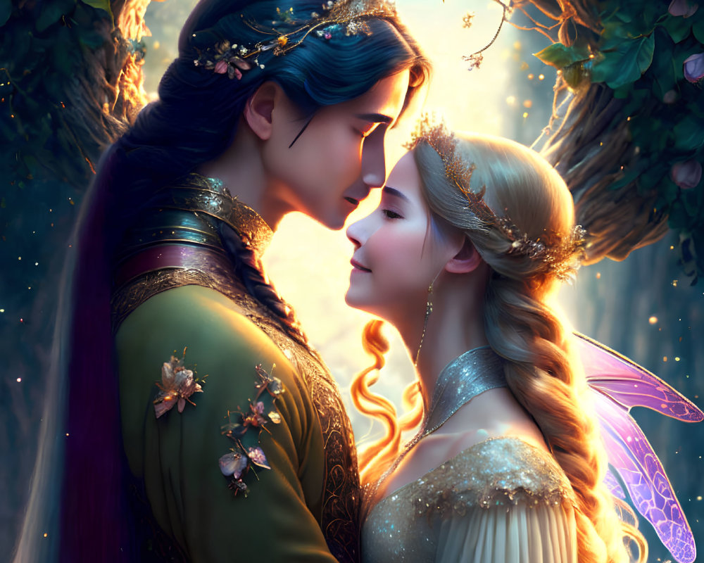 Fantasy digital illustration of two characters kissing under floral arch