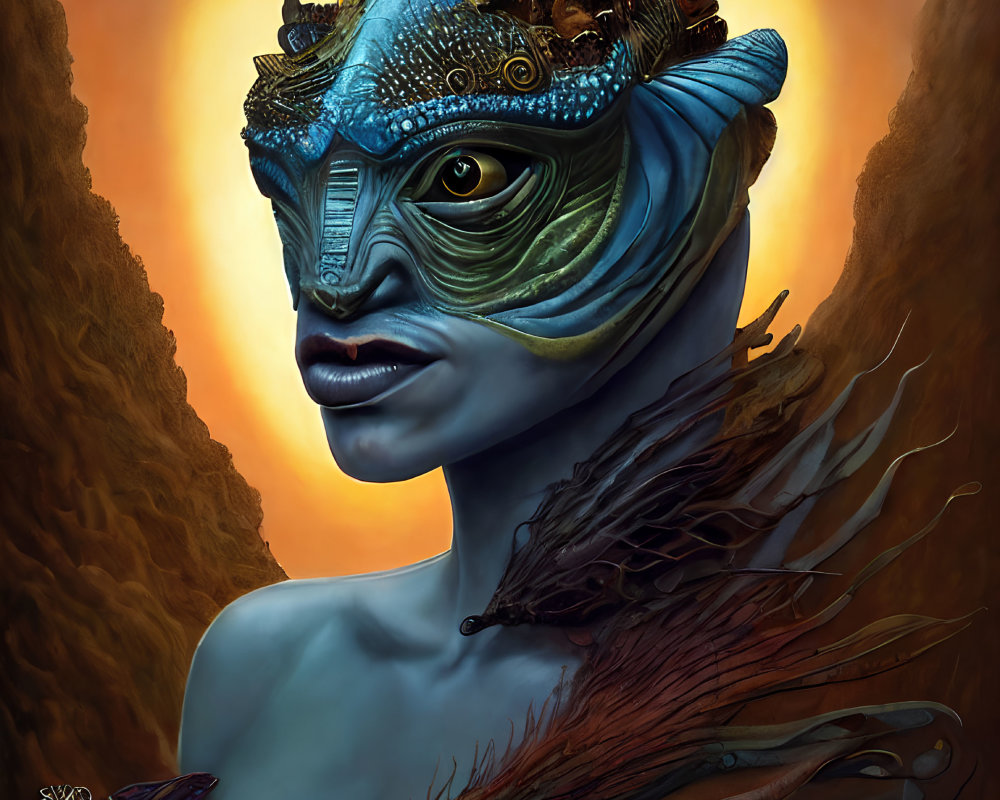 Vibrant blue humanoid creature with fish-like traits and feather in hand on orange backdrop