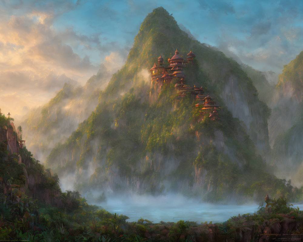 Asian pagodas in misty mountain landscape at sunrise or sunset