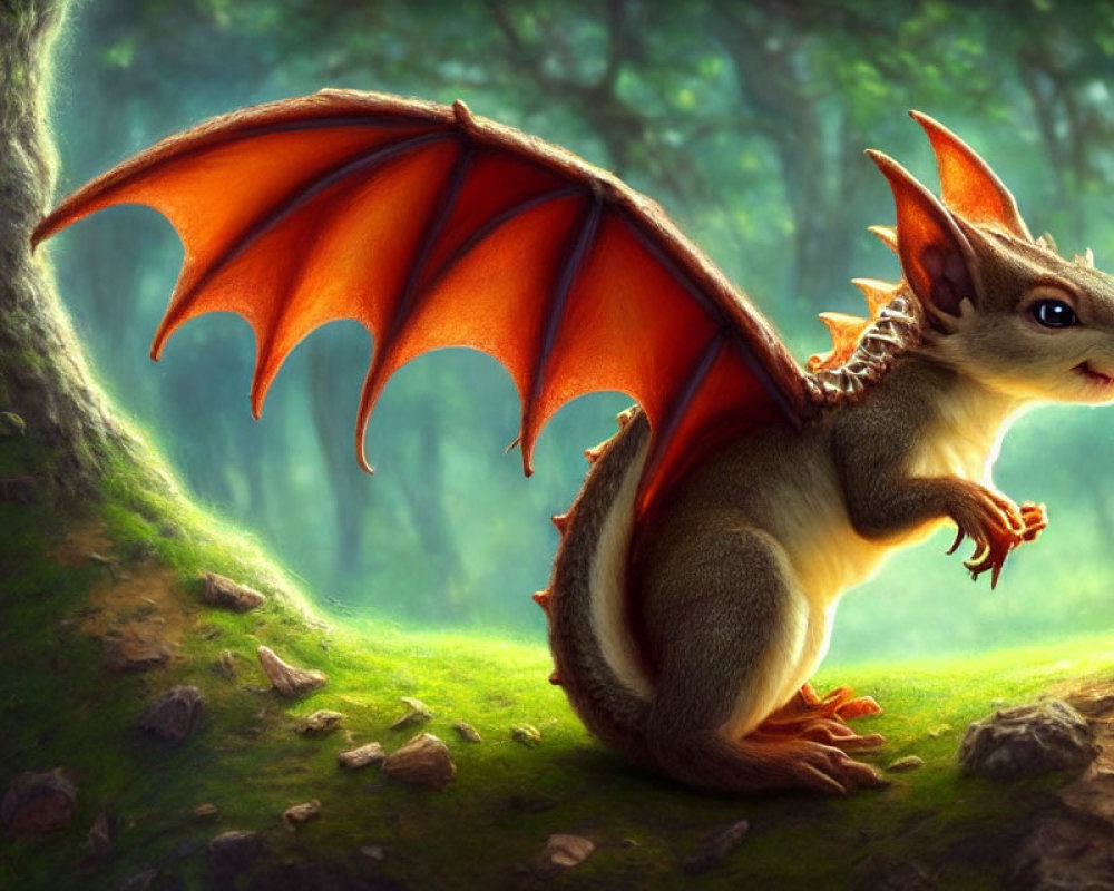 Dragon-Squirrel Hybrid Illustration in Sunlit Forest