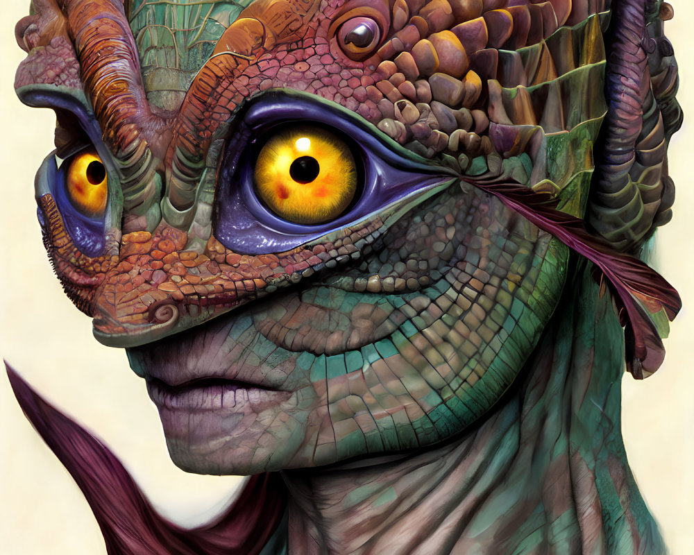 Colorful Illustration of Reptilian Humanoid with Textured Scales and Yellow Eyes