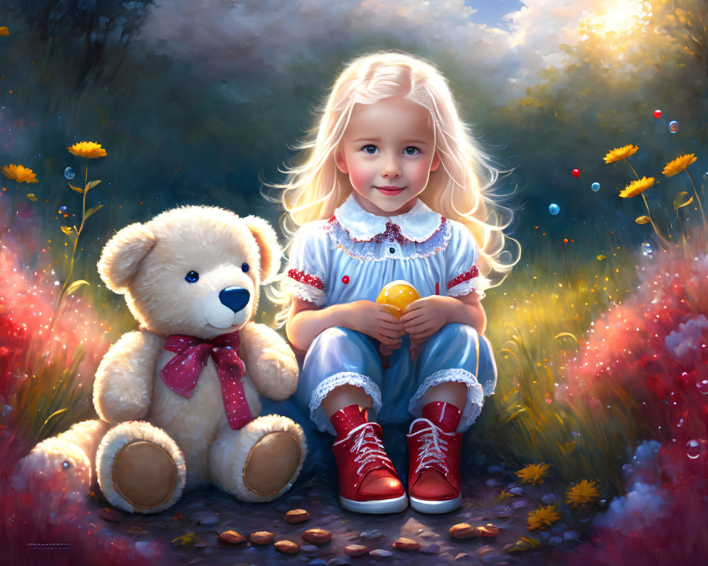 Blonde girl with teddy bear in flower-filled meadow holding apple