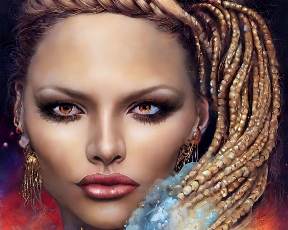 Digital artwork features woman with striking eyes, plaited hair, beads, and blue neckpiece on